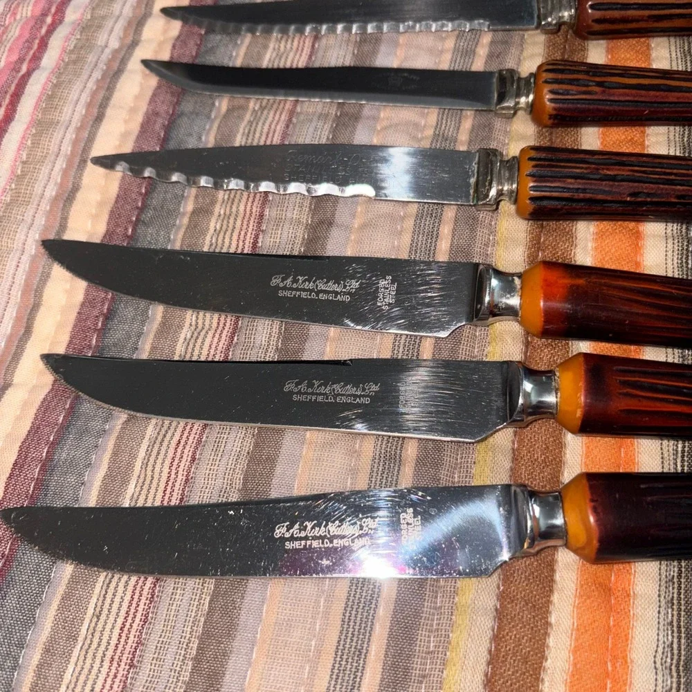 Vtg Sheffield Eng Steak & Butter Knife Set 13pc Faux Horn Handle Stainless Steel